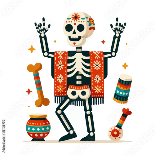 festive skeleton decorated with flowers and wearing a shawl dances amidst maracas, a drum, and a bone. Ideal for websites/blogs about Day of the Dead, Halloween, Mexican culture, celebrations