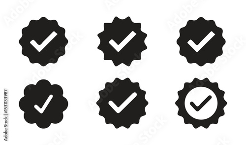 Black verified icon set. verification check mark. approved icon. Quality certify icon . official account profile verification. Vector illustration eps 10