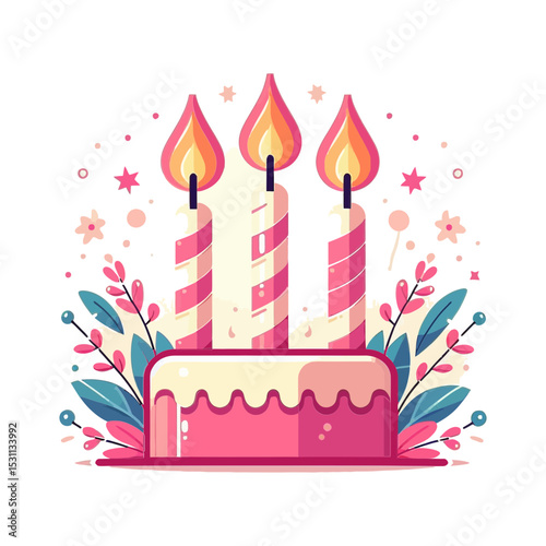 vibrant birthday cake with three striped candles, surrounded by festive pink and blue foliage and stars. Ideal for websites/blogs about birthdays, celebrations, parties, desserts, or events.