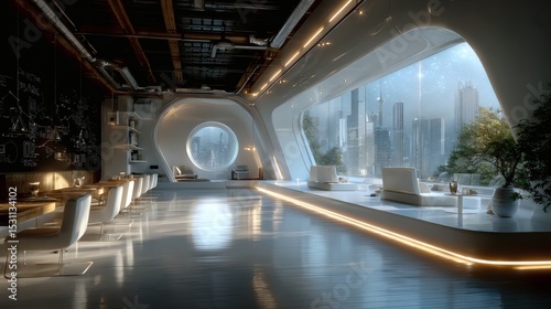 Sleek room with all-white palette, curved ceiling light strips, and a single large window casting shadows as AI assistant initiates creative brainstorming session 