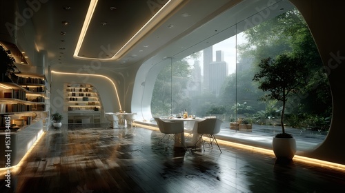 Sleek room with all-white palette, curved ceiling light strips, and a single large window casting shadows as AI assistant initiates creative brainstorming session 