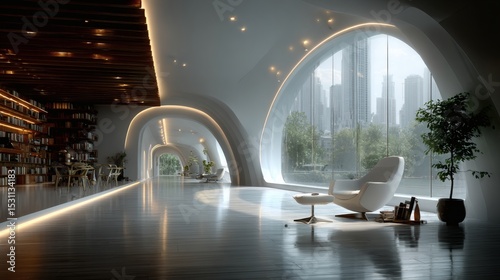 Sleek room with all-white palette, curved ceiling light strips, and a single large window casting shadows as AI assistant initiates creative brainstorming session 