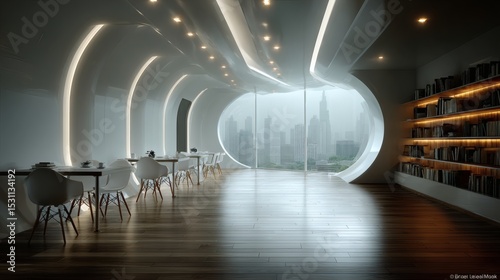 Sleek room with all-white palette, curved ceiling light strips, and a single large window casting shadows as AI assistant initiates creative brainstorming session 
