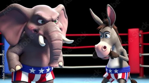 Donkey boxes with an elephant in a ring. Circus animal show concept. Entertainment, whimsical, animals, performance, novelty, surreal.