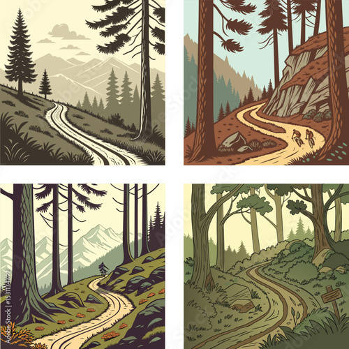 Mountain bike trail winding through alpine forests. 
