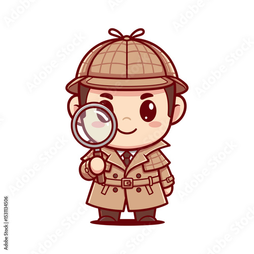 Cute Cartoon Detective with Magnifying Glass, Pixel Art Illustration