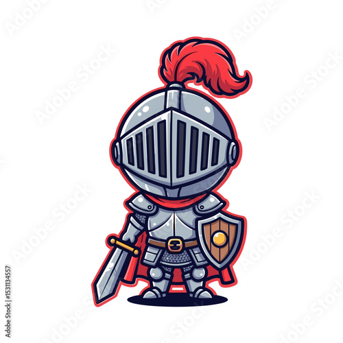 Cute Cartoon Knight in Gray Armor with Red Cape and Shield
