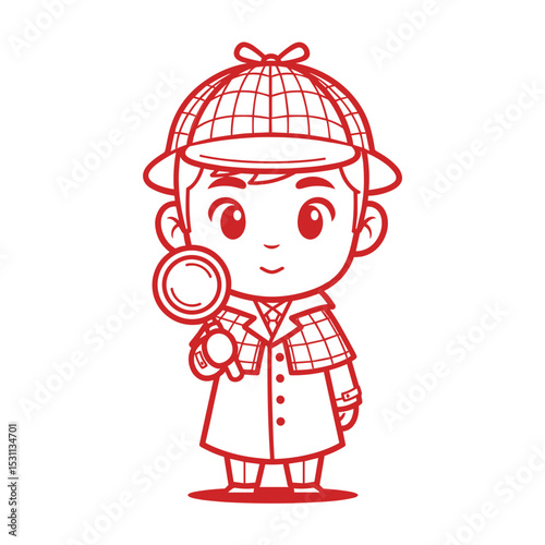 Cute Cartoon Boy Detective with Magnifying Glass Red Illustration