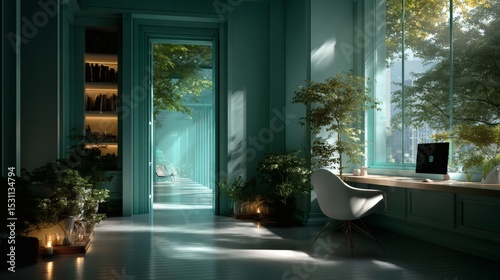 Shot from entry doorway showing a well-lit office where AI assistant is quietly cleaning the desk with microfiber hand while user is on a focused video call; serene color scheme of ivory, mint, 