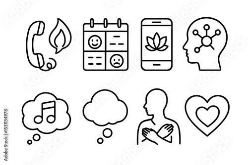 Mental Health Icons. Line style icons of mental health: crisis hotline, emotion calendar, relaxation app, mind map, calming music