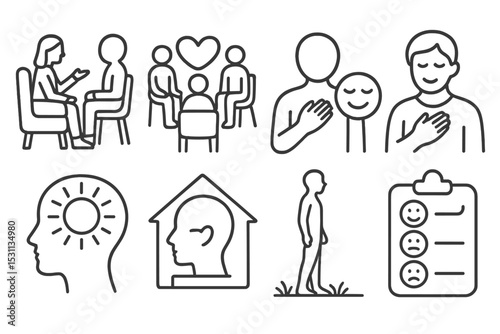 Mental Health Icons. Line style icons of mental health: therapy session, support group, mental clarity, emotional check-in, safe