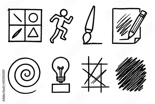 Dynamic Sketch Icons. Line style icons of drawing: sketch symbols, dynamic character pose, brush tool tip, classic sketch icon,