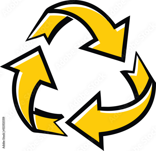 A vibrant yellow recycle symbol with bold black outlines, depicting three arrows forming a circular pattern, suggesting continuous renewal and environmental consciousness.