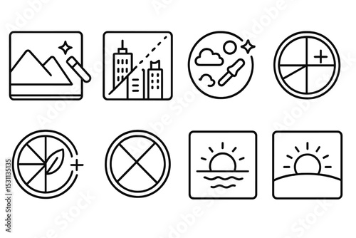 Photo Filter Icons. Line style icons of photo filters: landscape enhancer, cityscape filter icon, sky enhancer tool, vibrant color