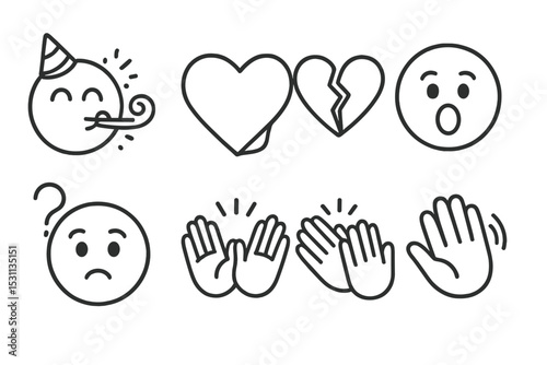 Line Style Emoji Icons. Line style icons of stickers and emojis: celebration emoji, heart sticker, broken heart icon, exclamation