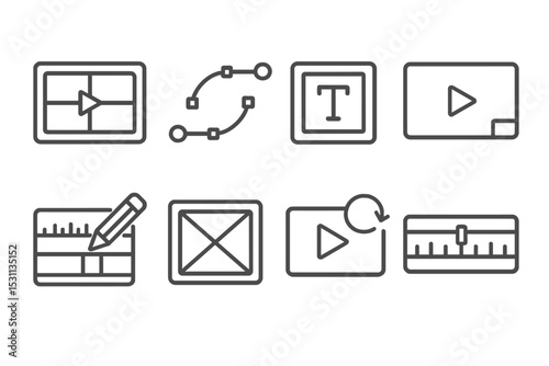 Video Editing Icons. Line style icons of video editing: video layout grid, keyframe interpolation, title card icon, preview icon,