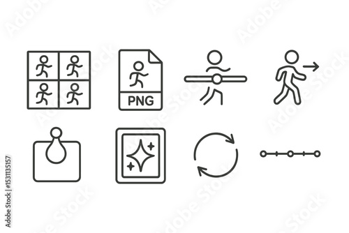 Animation Tools Icons. Line style icons of animation: sprite sheet icon, animated PNG symbol, frame duration control, animation