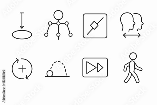 Animation Tool Icons. Line style icons of animation: squash tool, rigging controller, keyframe editor, blend pose icon, animated