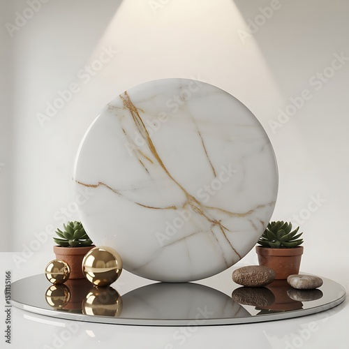 Elegant product display featuring marble plinth, gold spheres, and succulents on a reflective surface