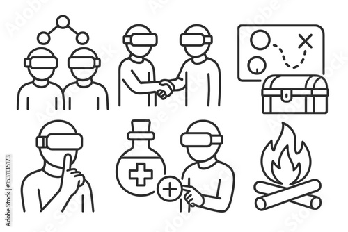 Line Style VR Icons. Line style icons of VR games: team coordination icon, co-op VR symbol, tactical map VR, VR loot chest,