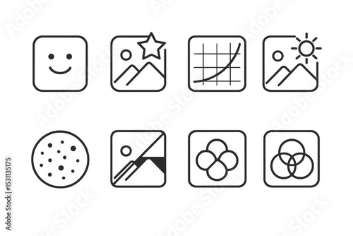Photo Filter Icons. Line style icons of photo filters: image smoothing icon, vintage overlay, cinematic tone curve, soft light