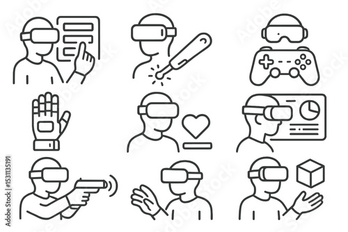 VR Gaming Icons. Line style icons of VR games: game menu in VR, object interaction tool, virtual game controller, haptic feedback