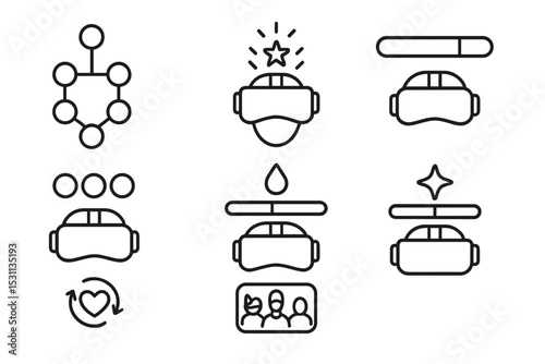 VR Game Icon Set. Line style icons of VR games: skill tree panel, level-up animation, experience bar VR, attribute points icon,