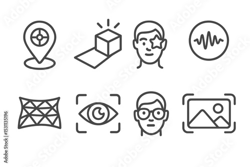 AR Effects Line Icons. Line style icons of AR effects: tracking point marker, AR shadow projection, dynamic face filter, voice