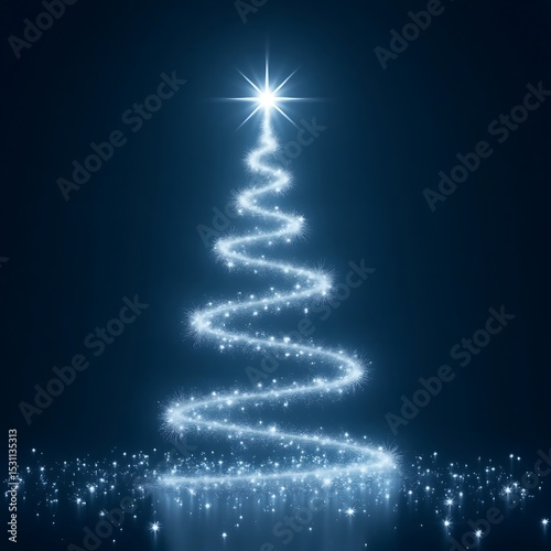 Glowing christmas tree formed by sparkling lights against a dark blue background