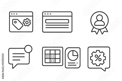 Forum Interface Icons. Line style icons of forums: tag suggestion tool, forum navigation bar, last post preview, member badge icon