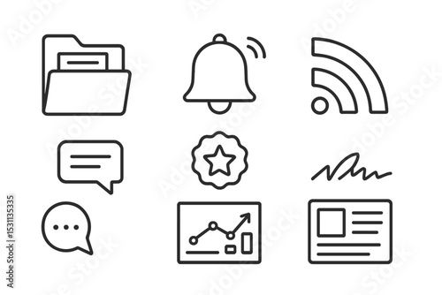 Blog Line Icons. Line style icons of blogs: blog archive folder, subscribe bell icon, RSS feed symbol, comment reply icon,