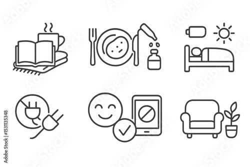 Cozy Lifestyle Icons. Line style icons of lifestyle: cozy evening journal, simple meal icon, wind-down routine, unplug mode symbol