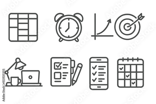 Productivity Icons Design. Line style icons of productivity: time block layout, early start icon, concentrated workspace,