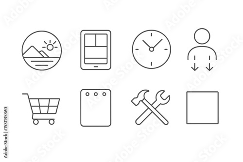 Minimalist Icons Collection. Line style icons of minimalism: calm morning icon, digital clarity symbol, analog clock icon,