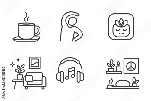 Cozy Lifestyle Icons. Line style icons of lifestyle: cozy morning coffee, stretching moment icon, paper calendar, mindful app icon