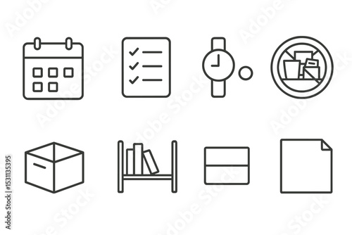 Minimalist Icon Set. Line style icons of minimalism: clean calendar icon, focus routine checklist, minimalist accessories, zero
