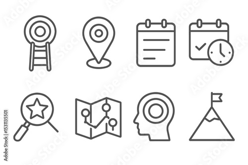 Goal Icons Collection. Line style icons of goals: results ladder, purpose pointer, checkpoint timeline, deadline icon, focus star,