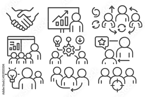 Teamwork Line Icons. Line style icons of teamwork: trust symbol, results tracking board, flexible roles, project schedule team,