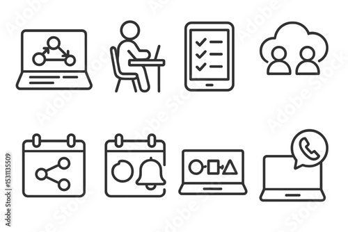 Remote Work Icons. Line style icons of remote work: online task flow, individual workspace, digital daily list, co-working cloud,
