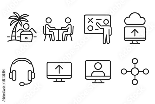 Remote Work Icons. Line style icons of remote work: work-from-anywhere icon, coworking table, remote planning board, cloud desktop