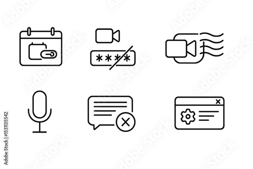 Video Conferencing Icons. Line style icons of video conferencing: calendar meeting link, join via code, noise suppression icon,