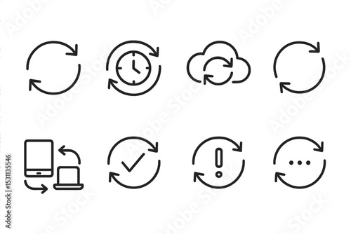 Data Sync Icons. Line style icons of data synchronization: sync arrows, real-time update, cloud sync icon, auto-refresh symbol,