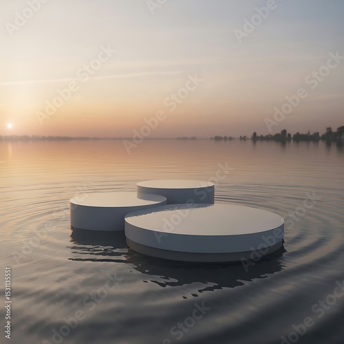 Serene 3d render of circular platforms floating on water at sunrise with calm ambience