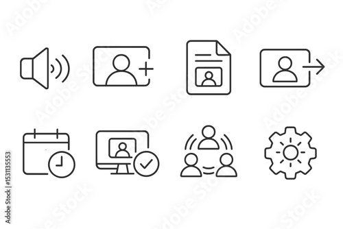 Video Conferencing Icons. Line style icons of video conferencing: switch audio device, host invite icon, meeting recap file, exit