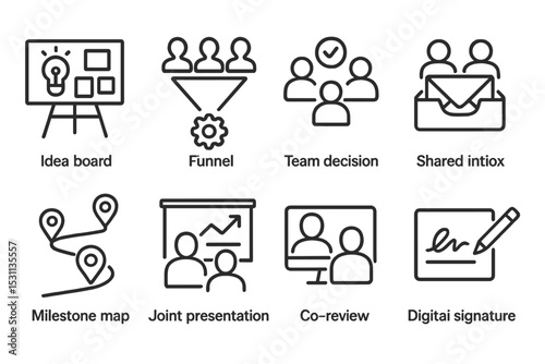 Collaboration Icons. Line style icons of collaboration: idea board, collaboration funnel, team decision icon, shared inbox,