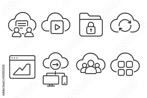 Cloud Service Icons. Line style icons of cloud services: real-time team edit cloud, video file in cloud, encrypted folder icon,