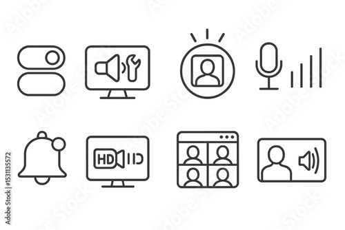 Video Conferencing Icons. Line style icons of video conferencing: view switch toggle, audio troubleshoot icon, attendee spotlight,