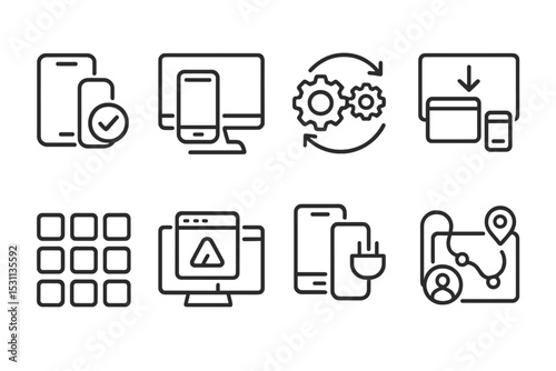 Digital Cross-Platform Icons. Line style icons of cross-platform compatibility: smart device compatibility, digital mirror icon,