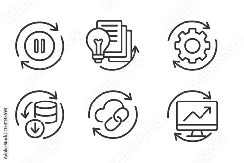 Data Sync Icons. Line style icons of data synchronization: temporary sync pause, smart update queue, changed item icon,