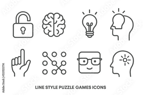 Puzzle Game Icons. Line style icons of puzzle games: unlock symbol, brain icon, light bulb clue, eureka moment, hand gesture,
